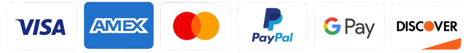 Accepted payment methods — Visa, Mastercard, American Express, Discover, PayPal, Stripe, Shop Pay, Google Pay, Apple Pay