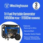 Westinghouse WGen11500TFc Tri-Fuel Generator 11500W/14500W CO Sensor 50 Amp Remote Start New - Image 6
