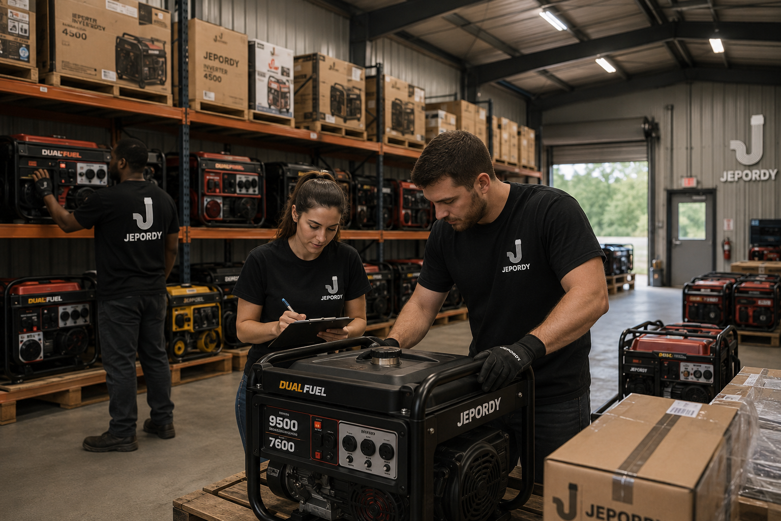 Jepordy LLC team members inspecting a dual-fuel generator inside the Reedsburg, Wisconsin warehouse