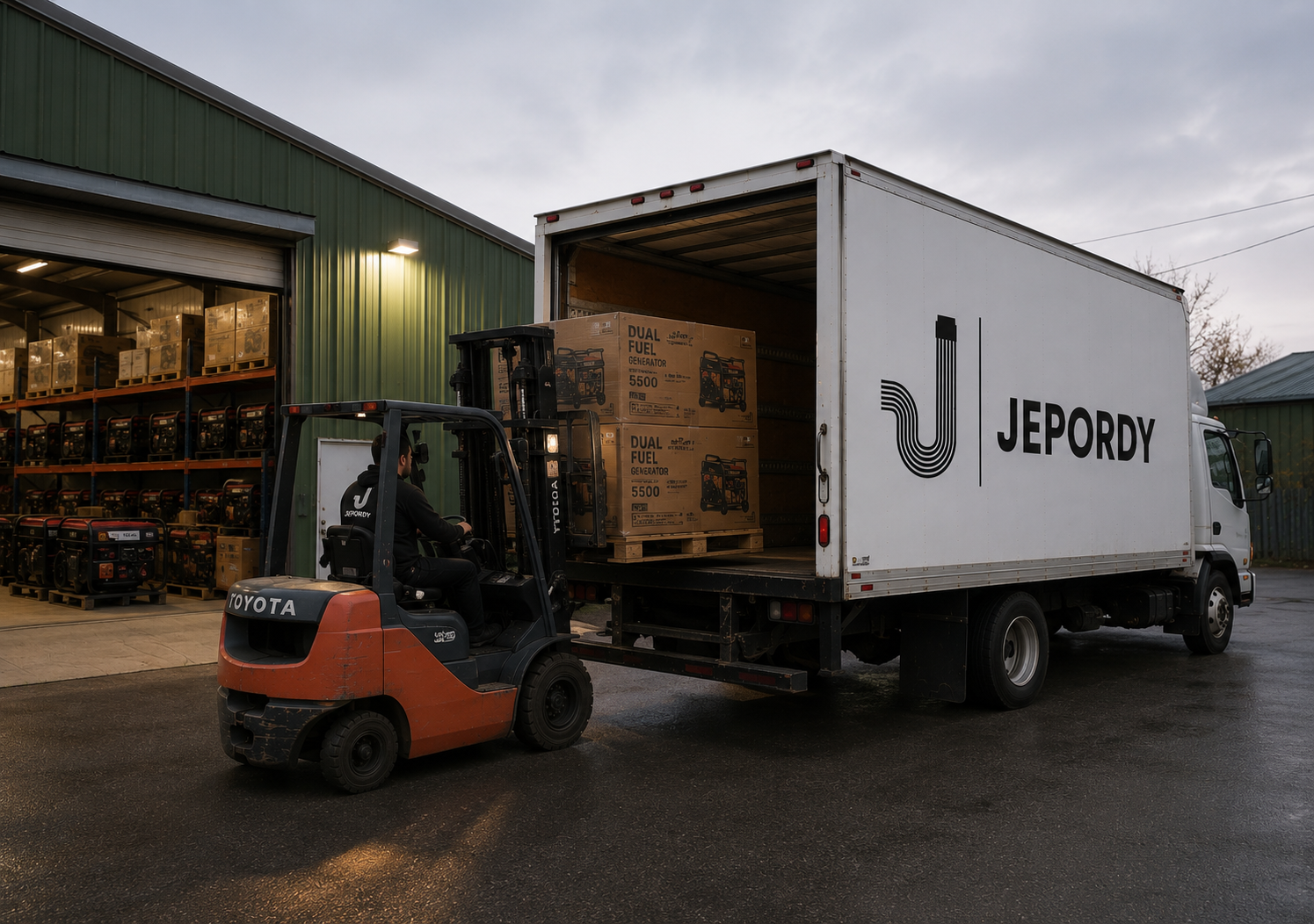 Jepordy LLC delivery truck loading dual-fuel generators for shipment to a customer